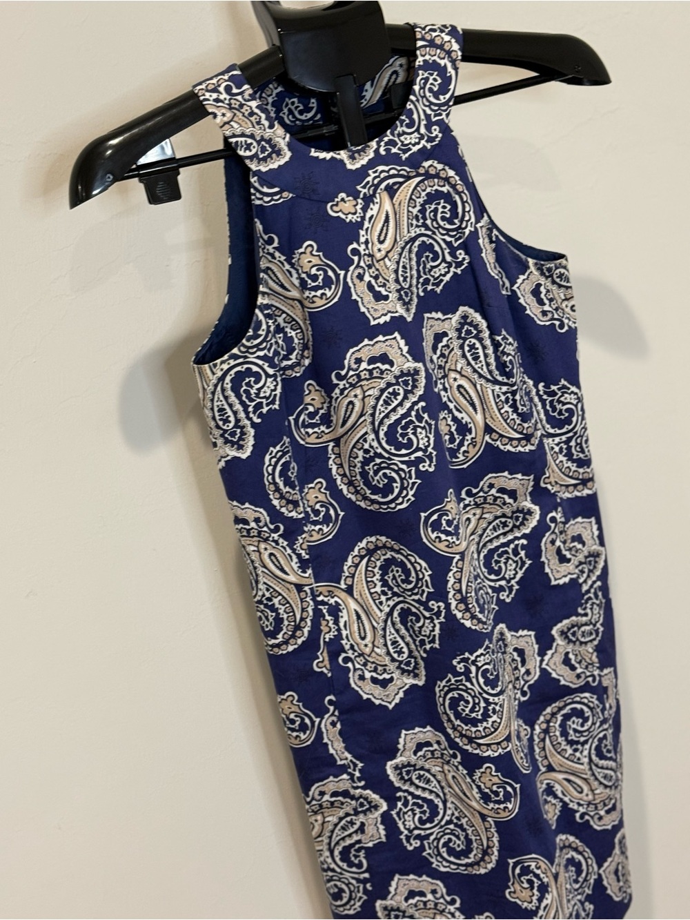 LOFT Petites Paisley Shift Dress 0P Navy Blue Beige Sleeveless Lined - Picture 3 of 8